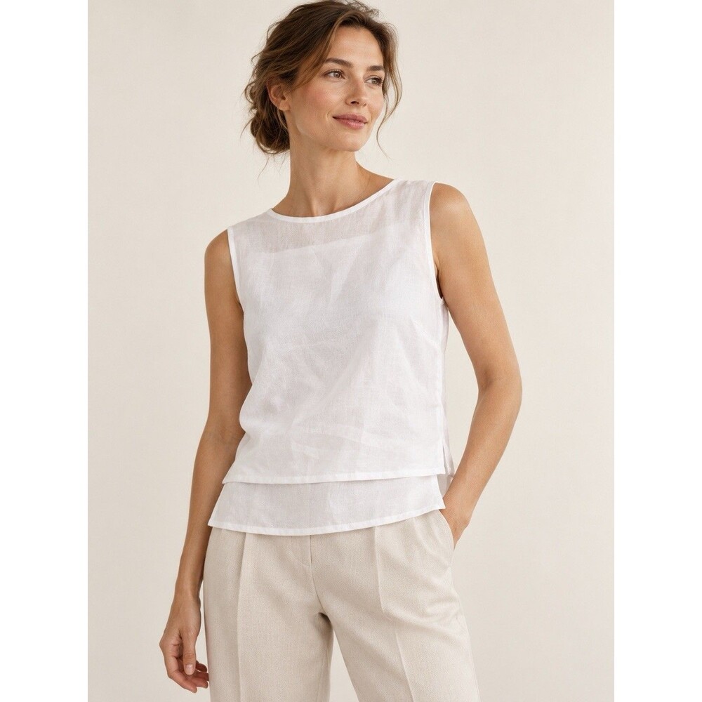 Laurèl 100% Ramie Layered Sleeveless Blouse White Sheer Yoke EU 36